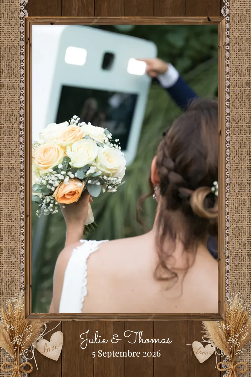 maquette photobooth format portrait avec la mariée et son bouquet
