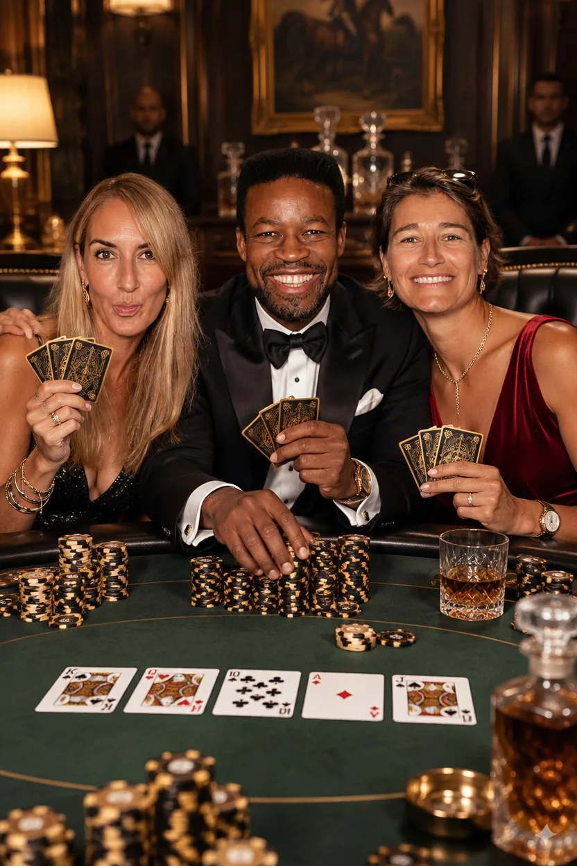 portrait IA de trois invités transformés en joueurs de poker dans un casino chic