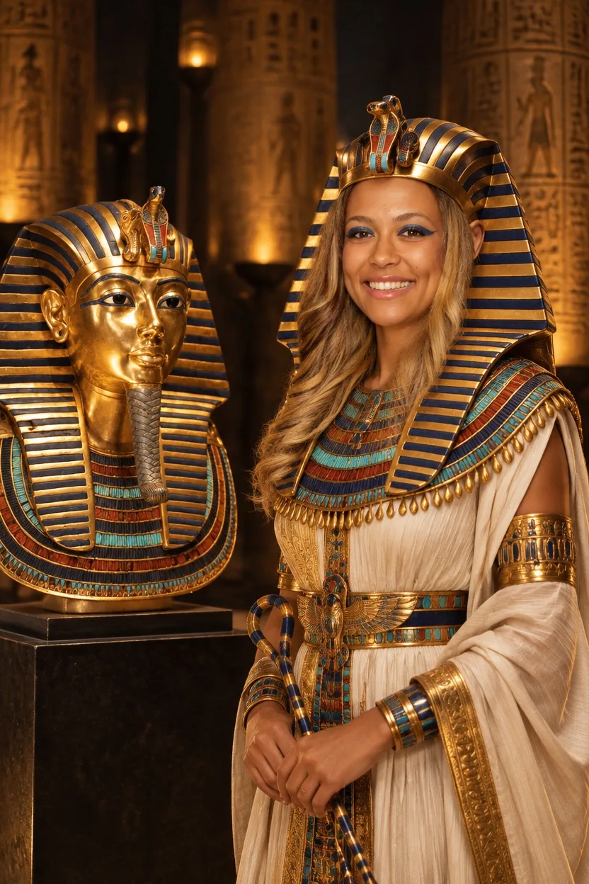 portrait IA d'une invitée transformée en reine d'Égypte ancienne